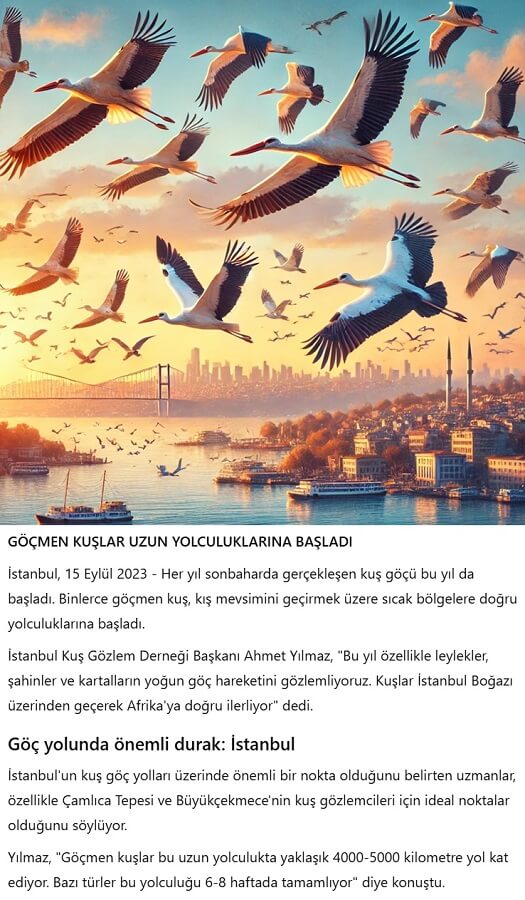 Kuşların göç edişleri ile ilgili haber metinleri